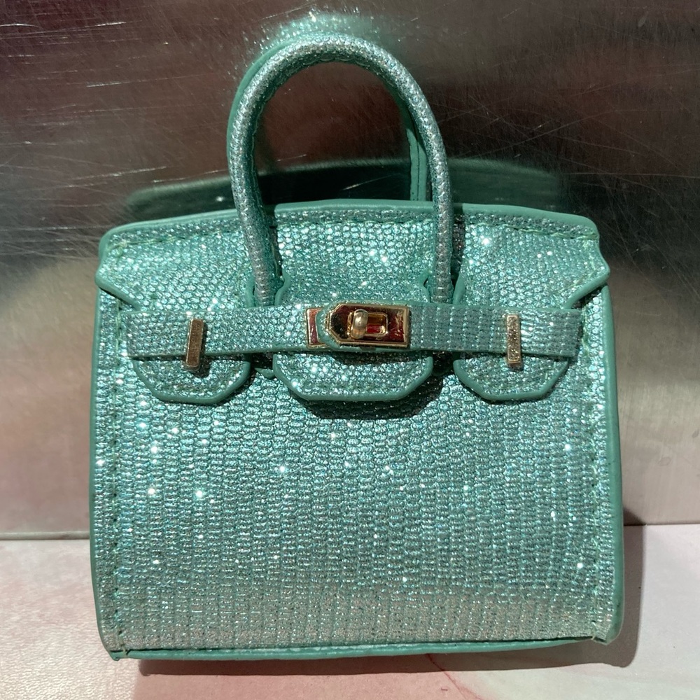 👜✨ Handmade Mini Silver Green Glitter Birkin AirPods Tote Bag Charm Miniature